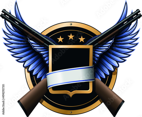 colored coat of arms with guns, shield, ribbon and wings