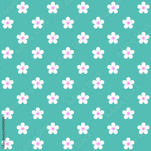 White sakura pattern on blue background. White Japanese flowers pattern. Cherry blossom background.