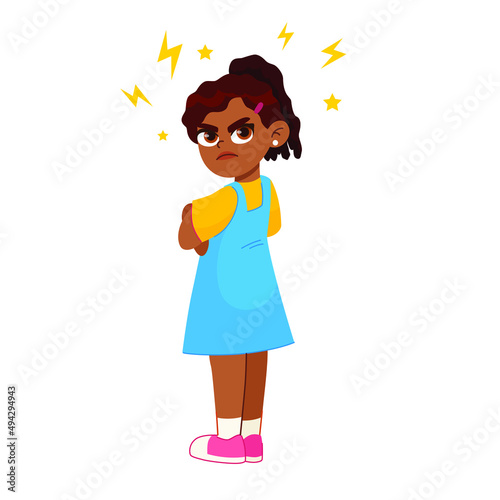Vector illustration of a very angry girl standing in a pose, arms crossed, with a disgruntled look on her face. aggressive children 
