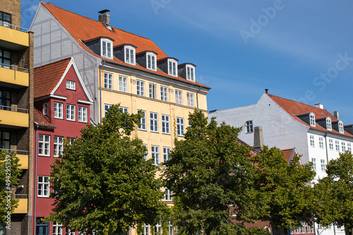 Copenhagen Denmark colorful facades of old houses Christianshavn canal. High quality photo