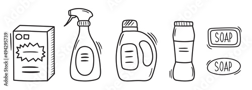 Set of outline doodle household chemicals. Washing powder, sprayer, canister, soap. Hand drawn laundry vector illustrations. Housework equipment icon collection