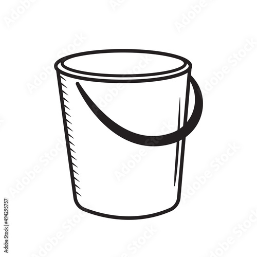 Outline doodle plastic busket. Hand drawn cleaning equipment vector illustration. House work bin element