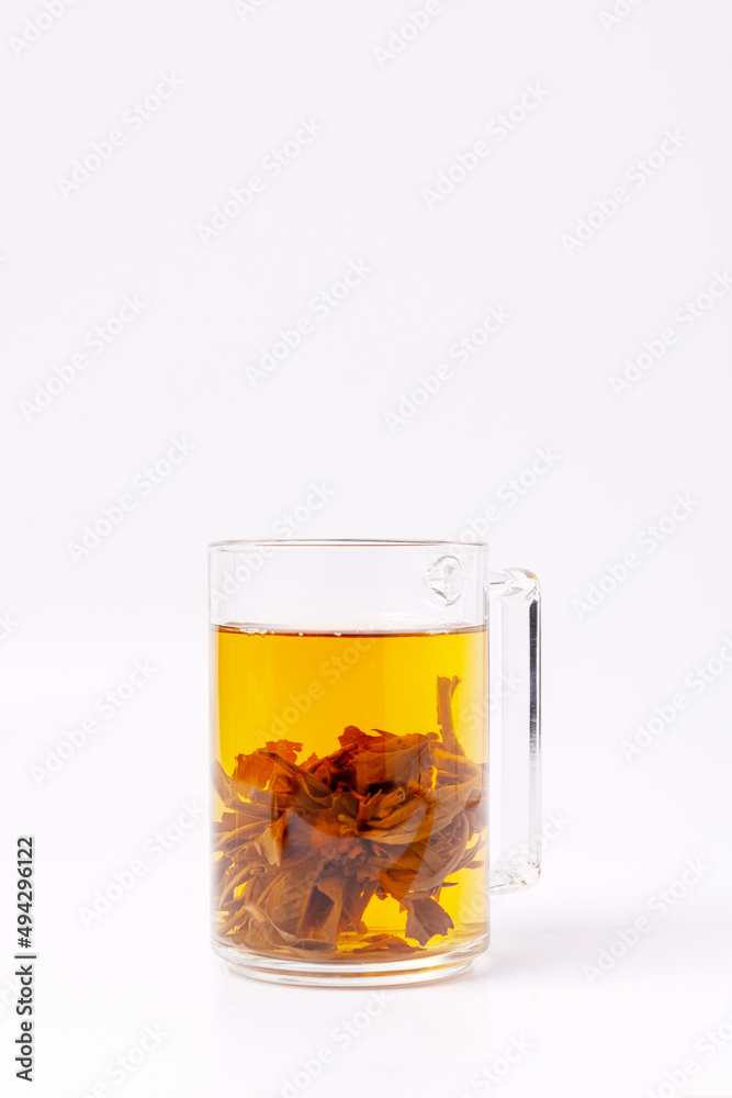 glass with green tea on white background, copy space glass with green tea on white background, copy space