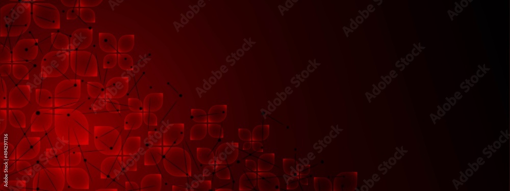 Neon red background frame. Design of transparent glass petals, glass morphism. Texture plexus of  neural network. Connecting lines, dots, glowing stars. Poster technology, medicine, business. Vector