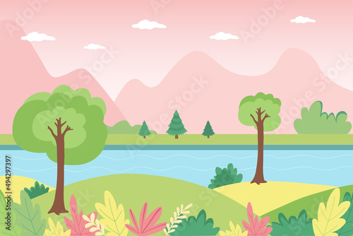 Spring landscape of mountainous terrain  trees and birds. Cute vector illustration in flat style