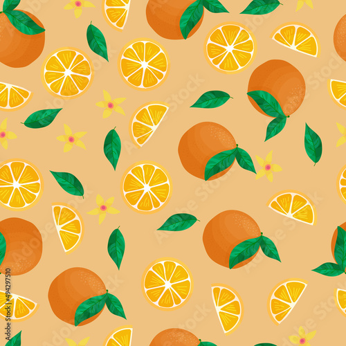 Summer pattern of refreshing citrus fruits. Orange print. Tropical fruits. Summer sweets. Vector illustration