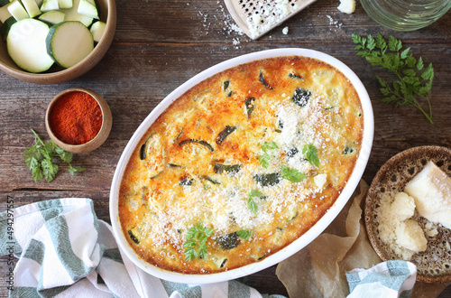 French cuisine. Vegetable zucchini clafoutis with Parmesan cheese