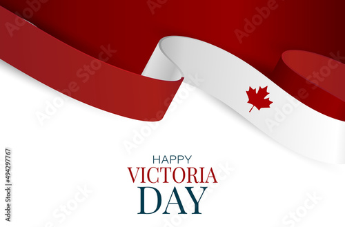 Victoria Day Canada Holiday banner background. Waving ribon, national white and red flag with maple leaf style. Vector illustration with lettering.