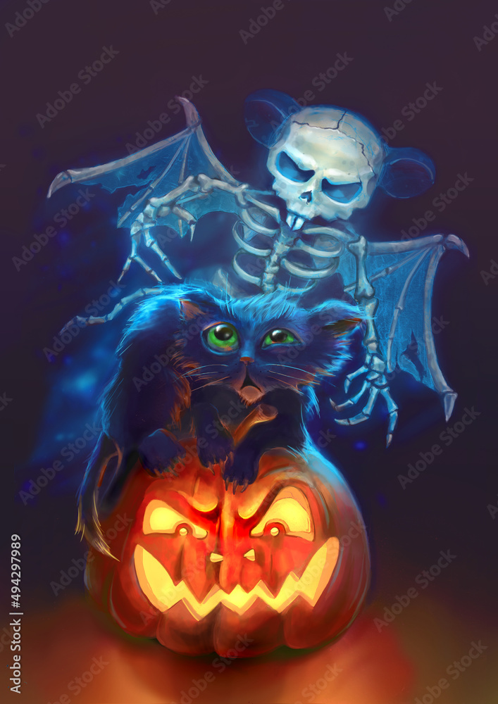 Happy halloween card with pumpkin, black cat, mouse ghost. Cute childish illustration. Happy halloween card with pumpkin, black cat, mouse ghost. Cute childish illustration.