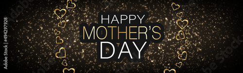 Mothers Day banner, website or newsletter header. Golden hearts circular garland on black background. Vector illustration.