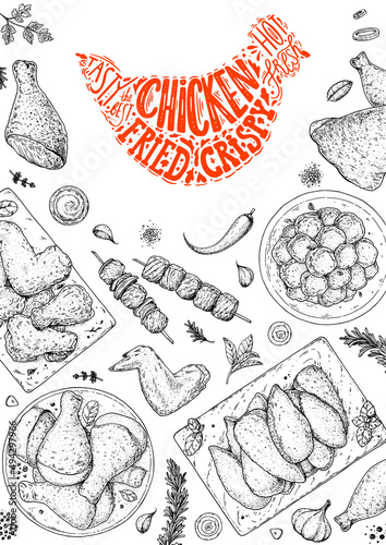 Chicken meat. Grilled and Fried chicken. Hand drawn sketch illustration. Grilled chicken meat top view frame. Vector illustration. Engraved design. Restaurant menu design template.