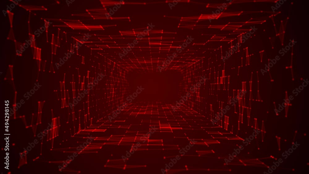 Animated red intro background logo frame. Design moving mosaic tunnel. Texture glowing neon connecting lines, triangles, dots. Hypnosis. Living walls. Outer space. World wide web. Neural network. 4k