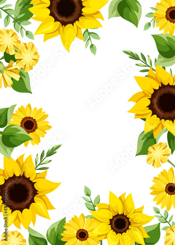 Vector greeting or invitation card design with yellow sunflowers, gerbera flowers, dandelion flowers, and green leaves