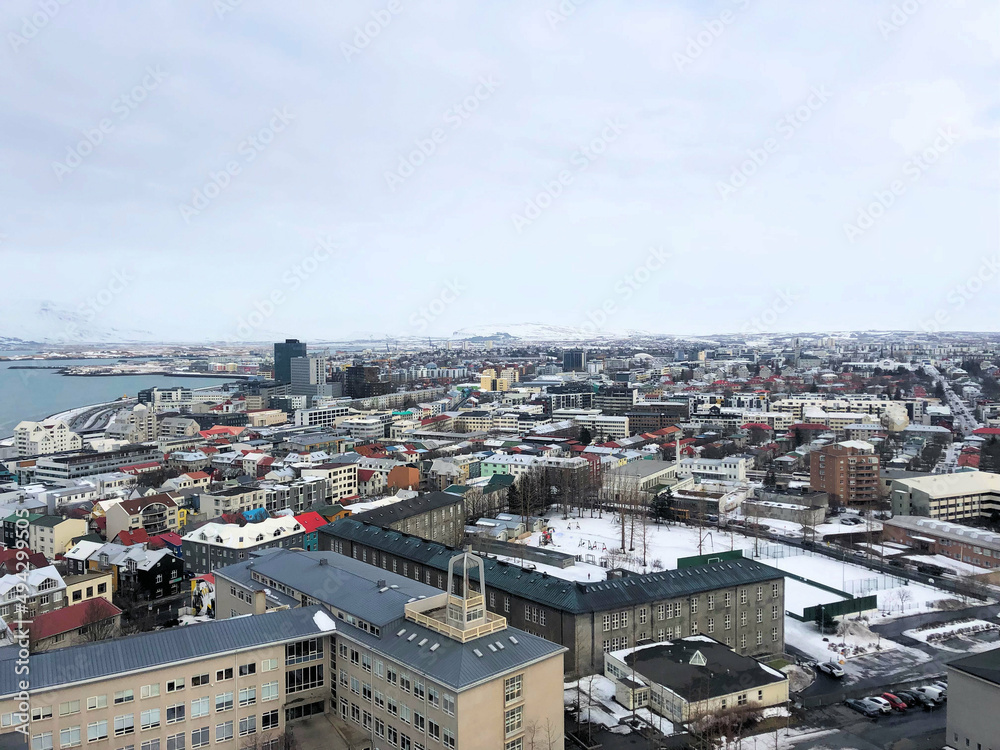 An aerial view of Reykjavik in Iceland in the winter