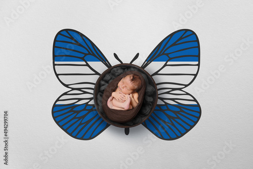 Tiny baby portrait with wings in color of national flag. Newborn photography concept. Nicaragua
