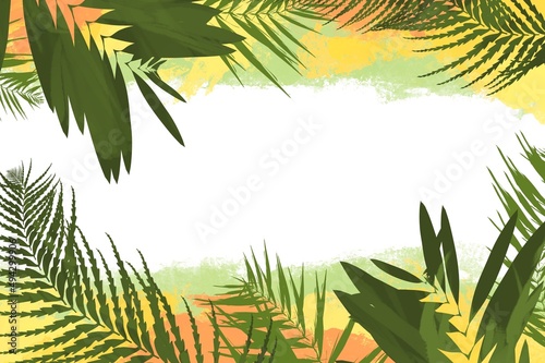 Floral background pastel colors orange, green and yellow tropical style plants and leaves with textured grunge design suitable for print postcard print template or website with space for text 
