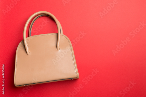 Fashionable woman bag on color background. Top view