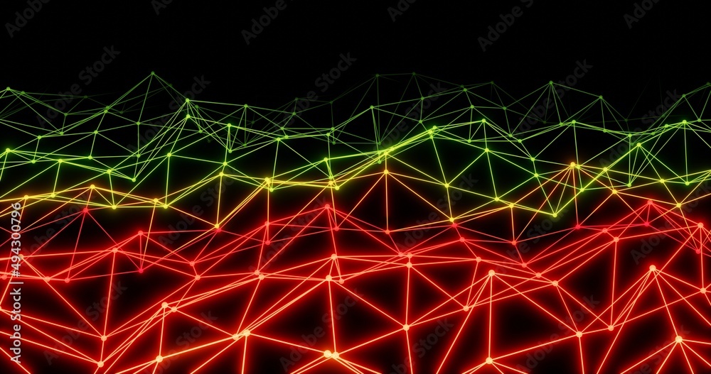 Red, yellow, and green lines and dots connect technology and science style. 3d rendering. Red, yellow, and green lines and dots connect technology and science style. 3d rendering.