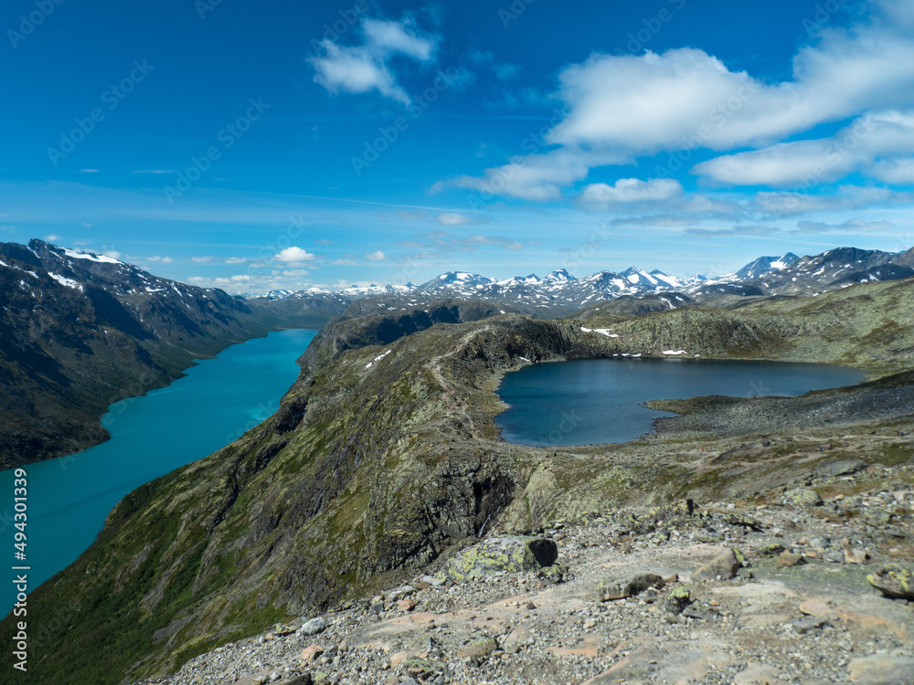Panorama of a river that flows in a canyon and a mountain lake   Lake in the mountains.  