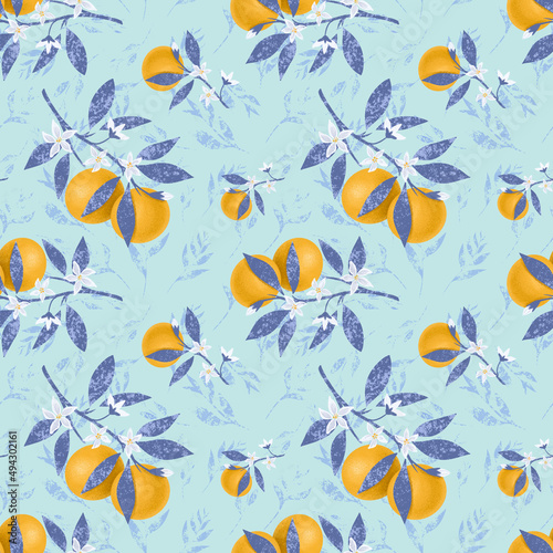 oranges and leaves and flowers seamless pattern  hand drawn botanic wallpaper  colorful background