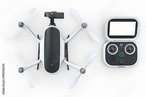 Photo and video drone or quad copter with action camera and remote on white