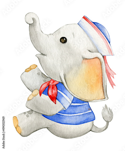 Cute little elephant dressed in sea clothes. Watercolor, tropical animal, in a cartoon style, on an isolated background.