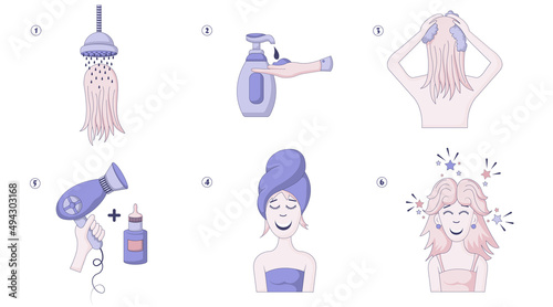 Beauty girl take care of her hair. Instruction how to wash hair with shampoo and wipe with towel and blow dry using hair serum. Flat line vector illustration and icons set.