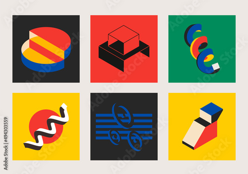 Modern bauhaus posters with 3d isometric shapes. Set of cards with abstract geometric elements. Vector illustration