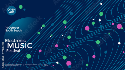 Electronic Music festival poster with abstract wave line and decoration elements. Modern club party banner. Sound cover design with neon colors.