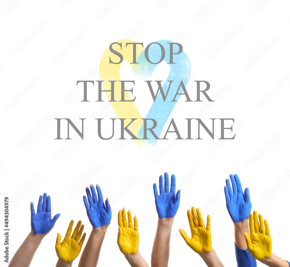 Hands painted in colors of Ukrainian flag on white background. STOP THE WAR IN UKRAINE