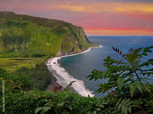 High Angle View of Punalu'u Punaluu Black Sand Beach From the Cliffs Above on Big Island of Hawaii photo