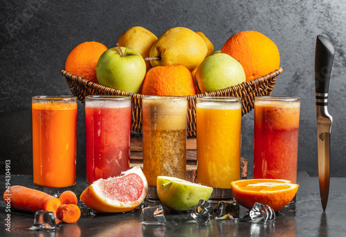  fresh fruit juices in glass cups