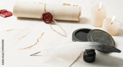 Paper sheet, quill, ink, sc...