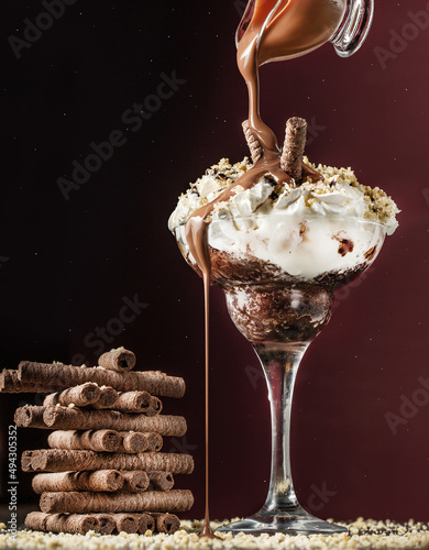 ice cream and banana chocolate in a glass