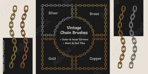 Metallic chain pattern brushes with corners, end and start tiles in vintage style. Gold, silver, bronze, brass versions. Isolated on white and black background.