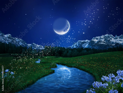 Fantasy moon and landscape at night and beautiful river