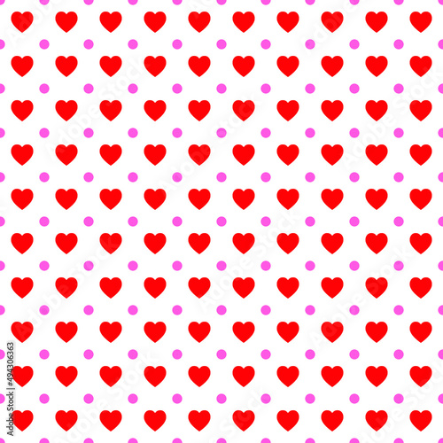 Love background. Red hearts pattern. Illustration of heart shape on white squares. Pattern of love on Valentine's day. Happy Valentine's day. Pink dots.