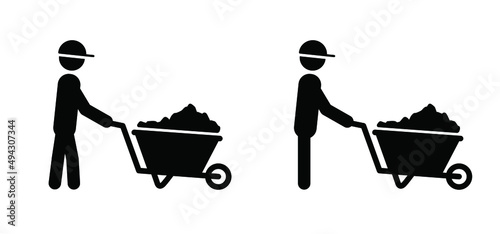 Cartoon stickman, stick figure man with wheelbarrow or garden trolley. Vector icon or pictogram. Garden tools. Wheel barrow logo. Gardener worker. Builder or construction worker with safety helmet. photo