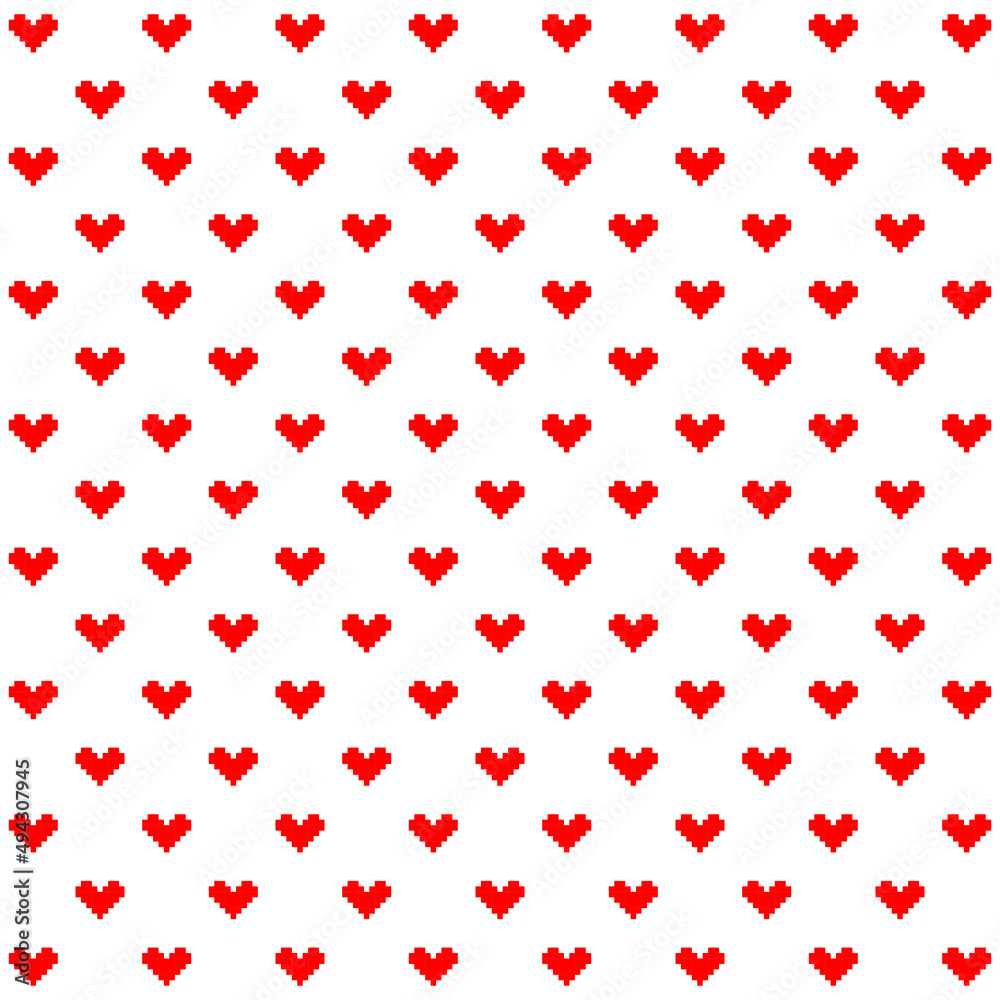8 bit red hearts pattern on white background. Graphic red hearts on white backdrop. Love symbols on Valentine's day. 8 bit red hearts pattern on white background. Graphic red hearts on white backdrop. Love symbols on Valentine's day.