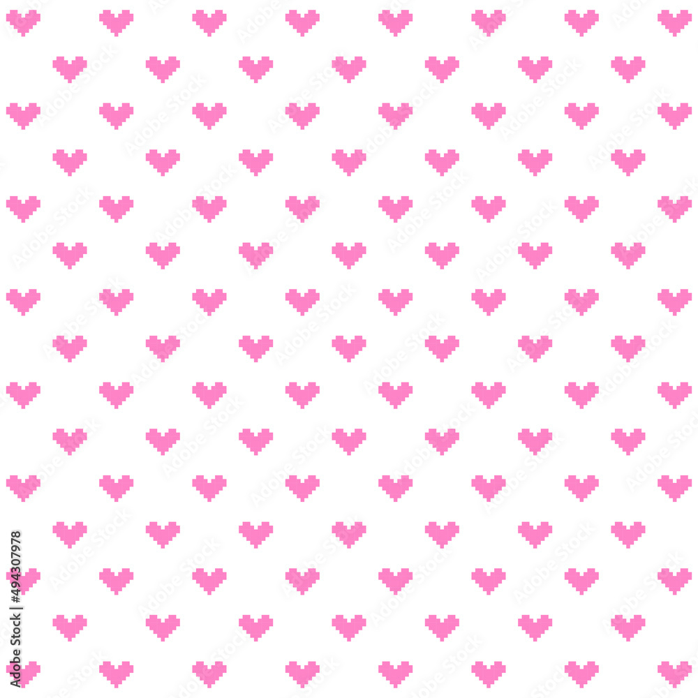8 bit pink hearts pattern on white background. Graphic pink hearts on white backdrop. Love symbols on Valentine's day.