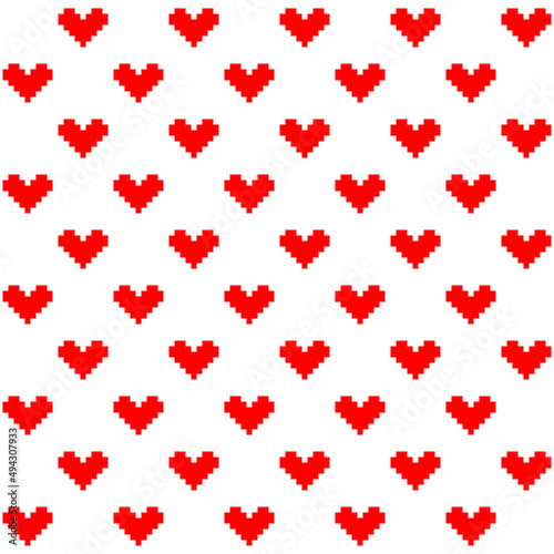 8 bit red hearts pattern on white background. Graphic red hearts on white backdrop. Love symbols on Valentine's day.