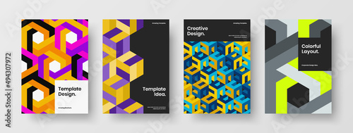 Unique placard design vector template set. Amazing geometric hexagons corporate cover concept collection.