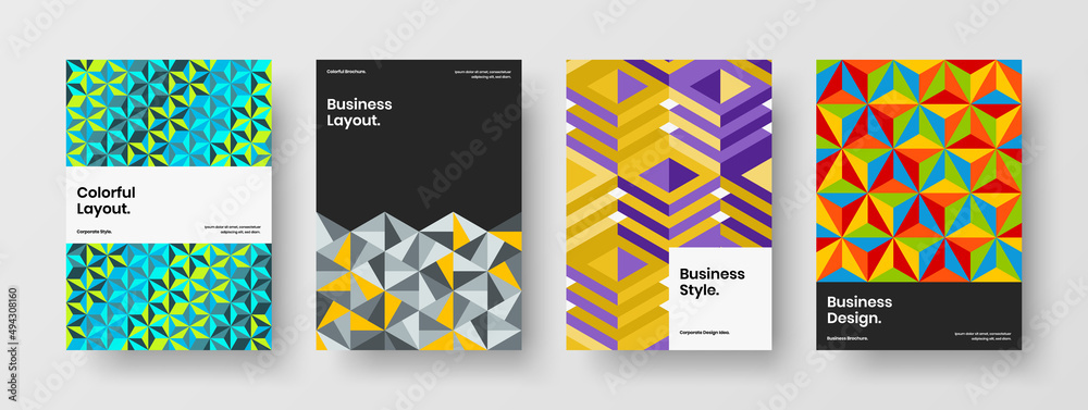Naklejka premium Simple mosaic shapes catalog cover layout collection. Unique pamphlet A4 vector design template composition.