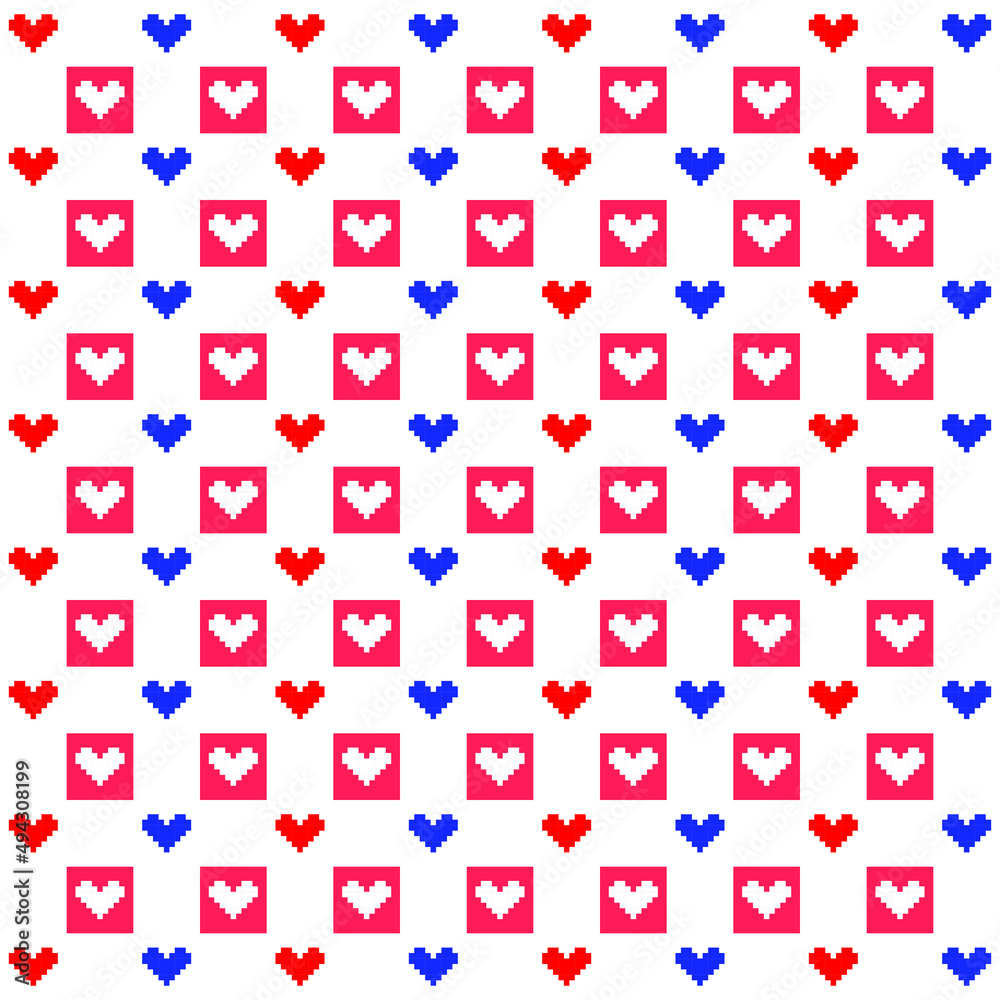 8 bit red hearts pattern on white background. Graphic red hearts on white backdrop. Love symbols on Valentine's day. 8 bit red hearts pattern on white background. Graphic red hearts on white backdrop. Love symbols on Valentine's day.