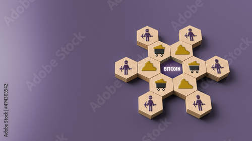mining network concept and the message BITCOIN with interconnected hexagons and mining symbols on colorful background