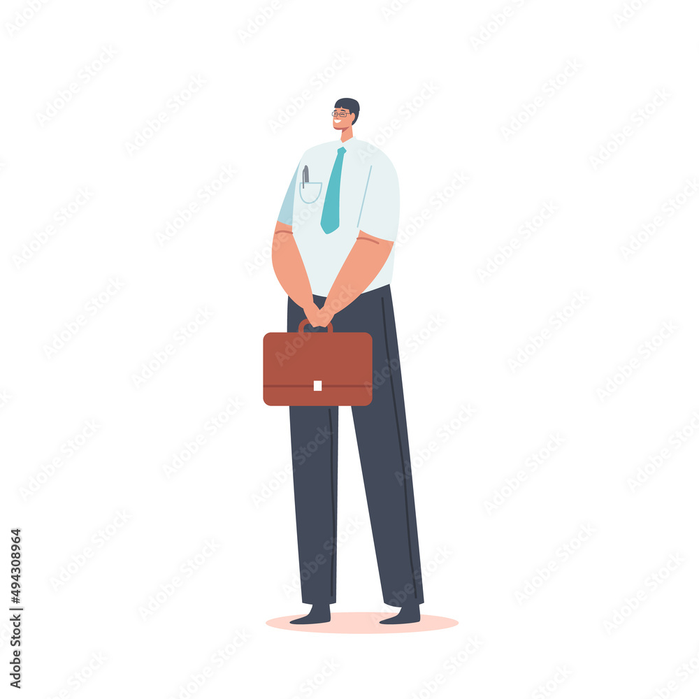 Asian Male Character, Single Man in White Shirt, Tie and Blue Pants with Briefcase in Hands. Businessman or Manager Asian Male Character, Single Man in White Shirt, Tie and Blue Pants with Briefcase in Hands. Businessman or Manager