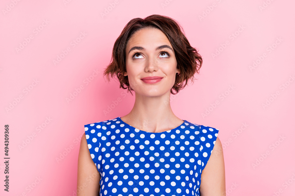 Close-up image looking up empty space see promotion wear pinup stylish apparel isolated on pink color background Close-up image looking up empty space see promotion wear pinup stylish apparel isolated on pink color background