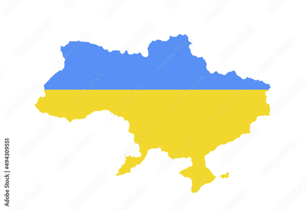 Ukraine map painted in blue-yellow colors of the country flag on a white isolated background