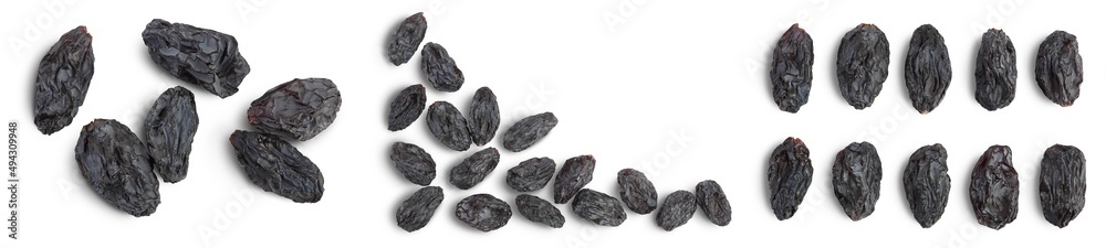 Black raisin isolated on white background with clipping path. Top view. Flat lay, Set or collection Black raisin isolated on white background with clipping path. Top view. Flat lay, Set or collection