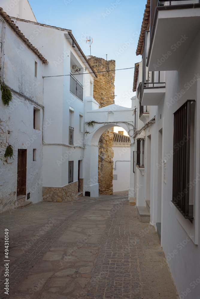 Narrow street in the old town of the famous white village of Setenil de las Bodegas, Cadiz province, Andalusia, Spain